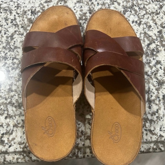Chaco Brown Leather Crisscross Slide Sandals - Picture 2 of 6